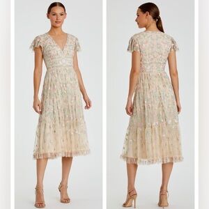 Mac Duggal Embroidered Floral Sequins V-neck Cap Sleeve Nude Multi Midi Dress 14